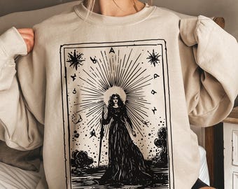 Vintage Feminist Witch Tarot Sweatshirt, Gothic Witchy Crewneck, Mystical Woman Graphic Sweatshirt, Celestial Occult Sweater, Halloween Gift