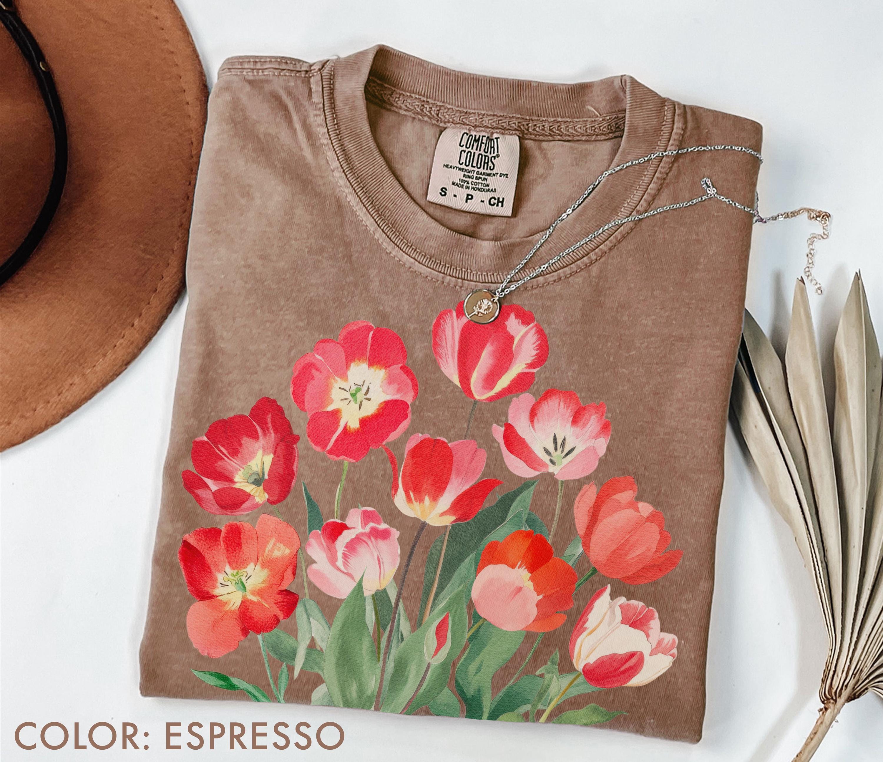 Red Tulip Flower Shirt Comfort Colors, Vintage Botanical Floral