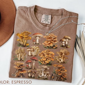 Pu&ograve; includere: T-shirt color espresso con illustrazioni di vari funghi. La maglietta ha un girocollo e maniche corte. Una collana d'argento con un piccolo ciondolo &egrave; appoggiata sulla maglietta. Il testo "COLOR: ESPRESSO" &egrave; in basso nell'immagine.