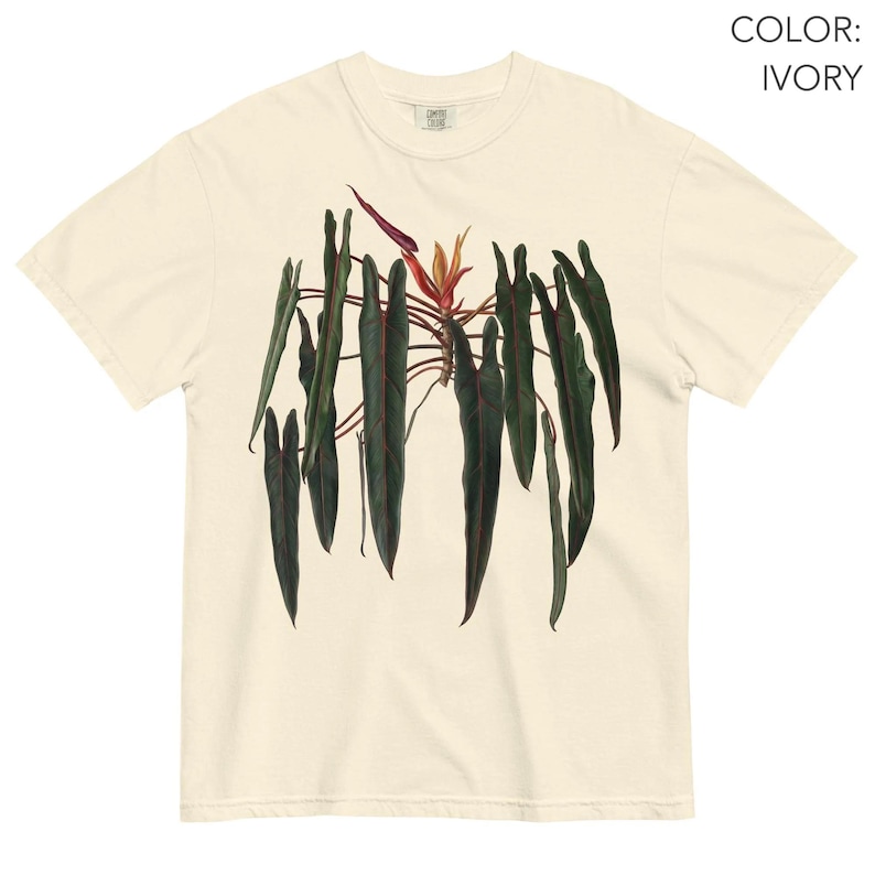 May include: An ivory short-sleeve t-shirt featuring a central botanical illustration of a philodendron plant with long, dark green, pointed leaves and a single reddish-orange flower bud at the top center. The text COLOR: IVORY appears in the top right.