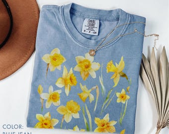 Daffodil Flower Shirt Comfort Colors®, Yellow Floral Shirt, Botanical Shirt, Cottagecore Aesthetic Top, Narcissus Flower Tee, Gardener Gift