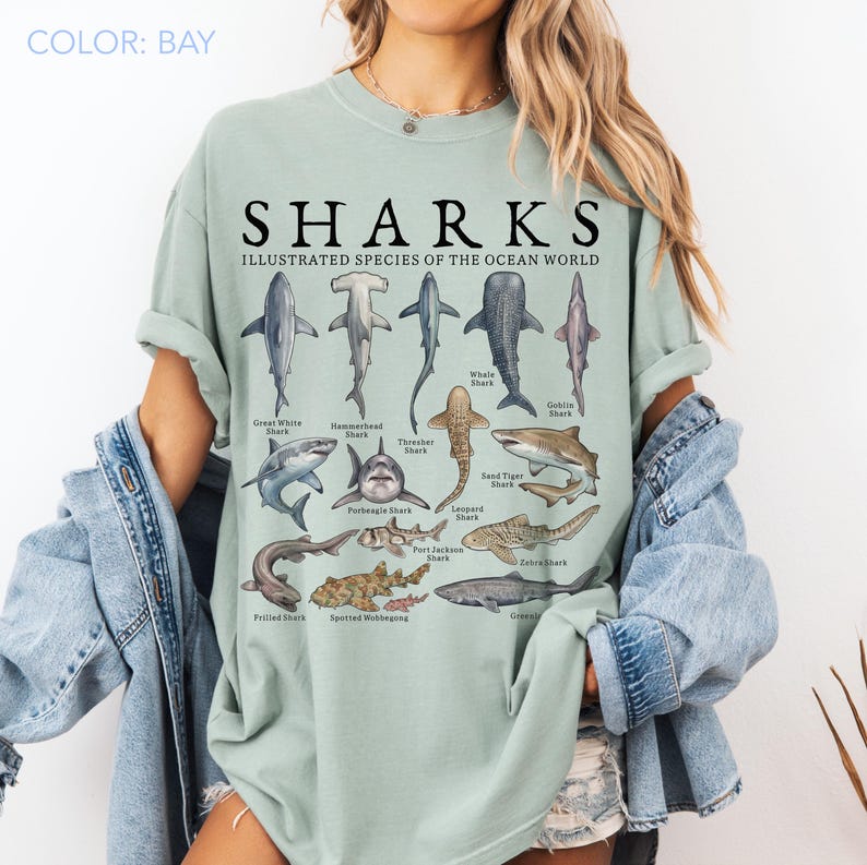 May include: A bay-colored t-shirt featuring a graphic print titled SHARKS ILLUSTRATED SPECIES OF THE OCEAN WORLD. The design displays various shark species with their names printed underneath, including Great White, Hammerhead, and Whale Shark.