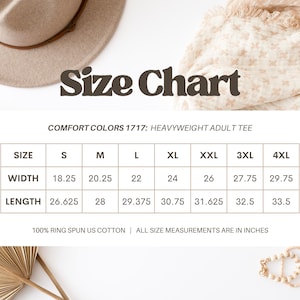 May include: A size chart for a Comfort Colors 1717 heavyweight adult tee, displaying width and length measurements in inches for sizes S through 4XL. The text specifies 100% ring spun US cotton and notes that all measurements are in inches.