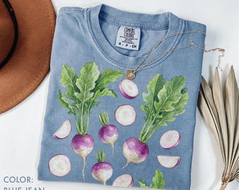Maglietta con rapa, colori comodi, maglietta botanica con ortaggi a radice, maglietta da giardino in stile cottagecore, maglietta da mercato contadino, maglietta a tema natura, regalo per gli amanti del giardinaggio