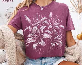 Lily Bloom Shirt Comfort Colors®, Linocut Spider Lilies Flower Shirt, Wildflower Shirt, Vintage Floral Tee, Cottagecore Tee, Botanical Shirt