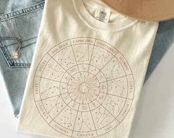 Zodiac Constellation Map Shirt Comfort Colors®, Zodiac Wheel Shirt, Horoscope Signs Shirt, Celestial Star Sign, Zodiac Gift, Astrology Gift