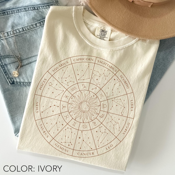Camiseta com Mapa das Constelações do Zodíaco Comfort Colors®, Camiseta com Roda do Zodíaco, Camiseta com Signos do Horóscopo, Signo Celestial, Presente do Zodíaco, Presente de Astrologia
