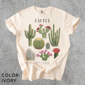 Camiseta Vintage Cactus Comfort Colors®, Camiseta Botânica de Plantas do Deserto, Camiseta com Tabela de Espécies de Cactos, Presente para Amantes de Suculentas, Camiseta Estilo Cottagecore com Tema da Natureza