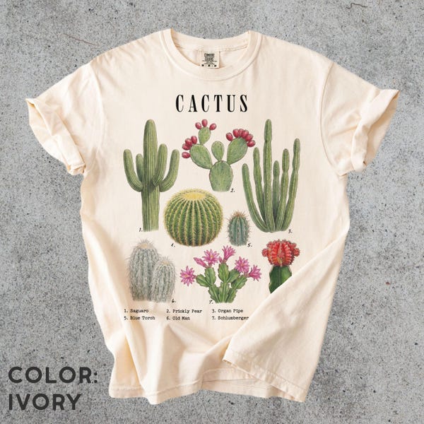 Vintage Cactus Shirt Comfort Colors®, Desert Plant Botanical Shirt, Cactus Species Chart Shirt, Succulent Lover Gift, Cottagecore Nature Tee