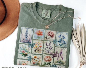 Comfort Colors® Wild Blumen Stempel Shirt, Vintage Blumen Briefmarken Shirt, Lavendel Shirt, Cottagecore Shirt
