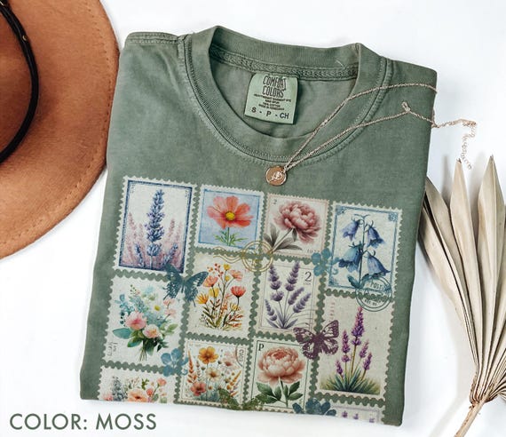 Comfort Colors® Wild Flowers Stamp Shirt, Vintage Floral Postage Stamps Shirt, Lavender Shirt, Botanical Shirt, Floral Cottagecore Shirt