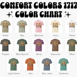 Pu&ograve; includere: Una tabella colori con magliette Comfort Colors 1717 in varie tonalit&agrave;. La tabella mostra magliette in colori come Khaki, Bay, Blossom, Ivory, White, Pepper, Blue Spruce, Berry, Espresso, Moss, Light Green, Yam, Blue Jean e Seafoam.