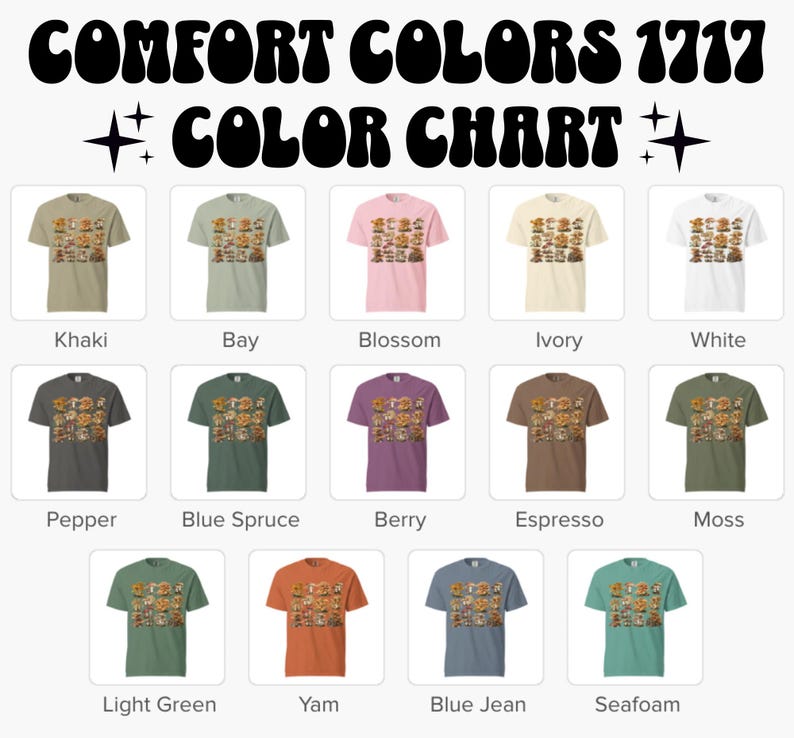 Pu&ograve; includere: Una tabella colori con magliette Comfort Colors 1717 in varie tonalit&agrave;. La tabella mostra magliette in colori come Khaki, Bay, Blossom, Ivory, White, Pepper, Blue Spruce, Berry, Espresso, Moss, Light Green, Yam, Blue Jean e Seafoam.