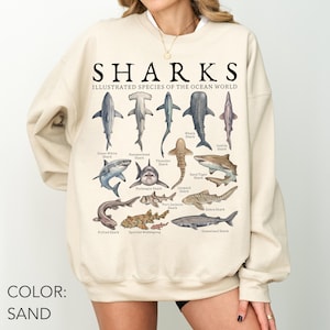 K&ouml;nnte beinhalten: Ein sandfarbenes Sweatshirt mit Rundhalsausschnitt und einem Grafikdruck mit der Aufschrift SHARKS ILLUSTRATED SPECIES OF THE OCEAN WORLD. Das Design zeigt verschiedene Haiarten mit Beschriftungen wie Wei&szlig;er Hai und Walhai.