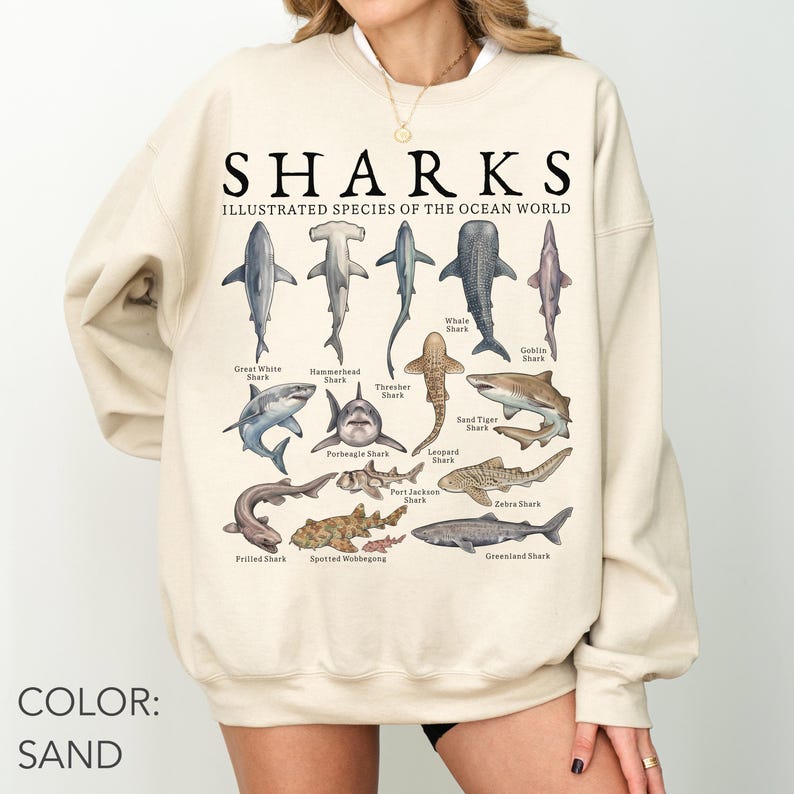 K&ouml;nnte beinhalten: Ein sandfarbenes Sweatshirt mit Rundhalsausschnitt und einem Grafikdruck mit der Aufschrift SHARKS ILLUSTRATED SPECIES OF THE OCEAN WORLD. Das Design zeigt verschiedene Haiarten mit Beschriftungen wie Wei&szlig;er Hai und Walhai.