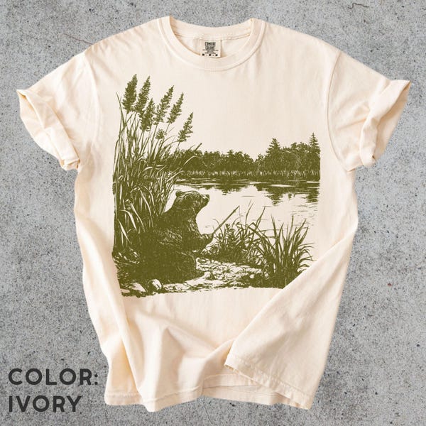 Vintage Bear Fishing Shirt Comfort Colors®, Retro Wildlife Animal Linocut Shirt, Cottagecore Nature Tshirt, 90s Boho Unisex Rustic Cabin Tee