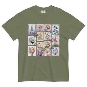 Wild Flowers Stamp Shirt – Vintage Floral Postage Stamps Comfort Colors® T-Shirt | Retro Botanical Lavender Garden Aesthetic Tee