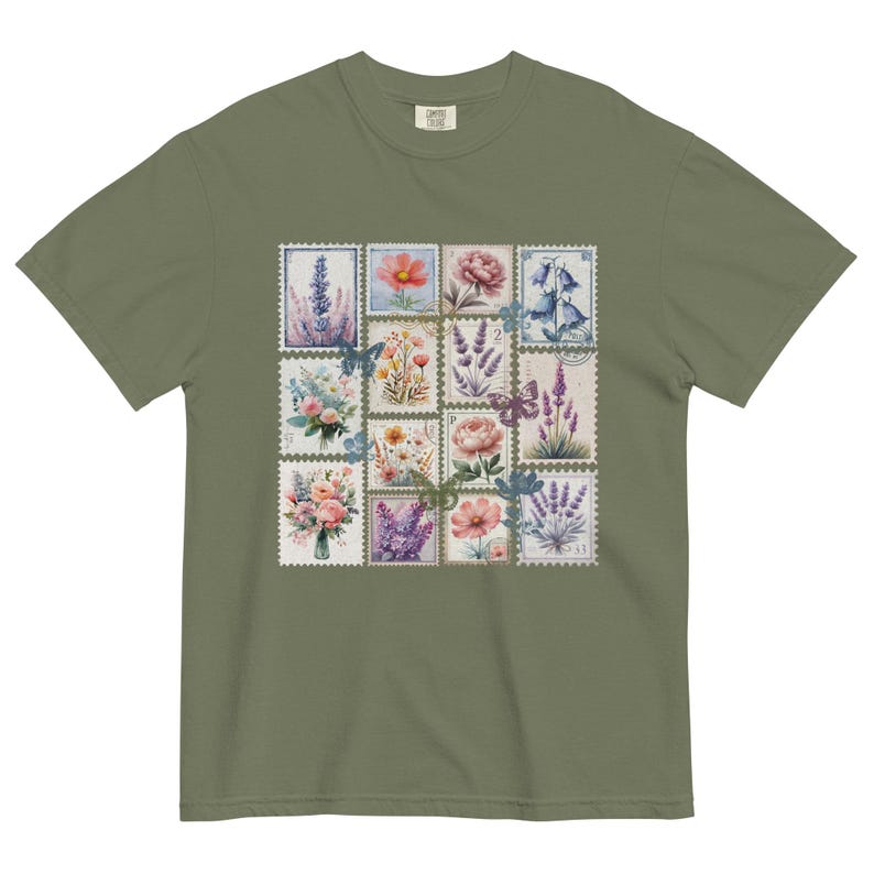 Wild Flowers Stamp Shirt – Vintage Floral Postage Stamps Comfort Colors® T-Shirt | Retro Botanical Lavender Garden Aesthetic Tee