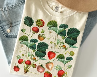 Chemise rétro fraise, couleurs confort, chemise vintage fraises, chemise botanique, chemise fruits, chemise nature cottagecore, cadeau amateur de fruits