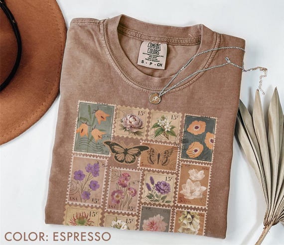 Vintage Botanical Stamp Shirt Comfort Colors®, Antique Floral Postage Tee, Retro Flower Shirt, Cottagecore Nature Shirt, Flower Lover Gift