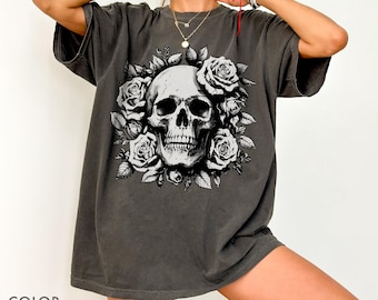Gothic Floral Skull Shirt Comfort Colors, Vintage Skull Rose Shirt, Dark Aesthetic Flower Shirt, Unisex Alternative Goth Skeleton Plant Tee