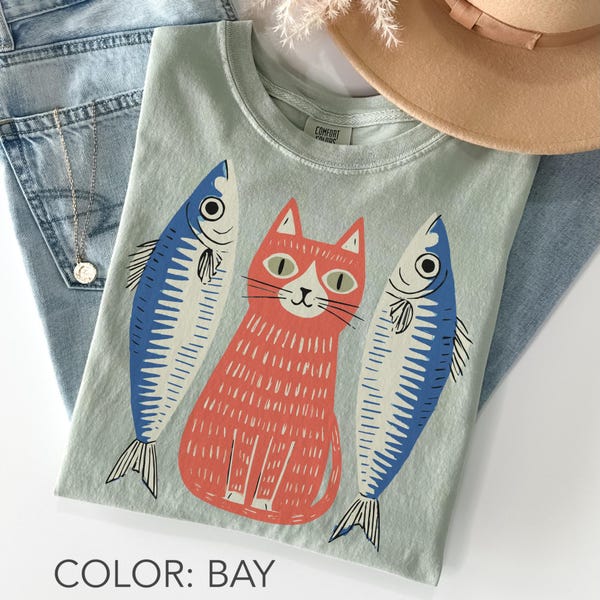Sardines Cat Shirt Comfort Colors®, Funny Cat Fish Shirt, Folk Art Animal Shirt, Gift for Cat Lovers, Retro 90s Cartoon Cat Shirt, Pet Gifts