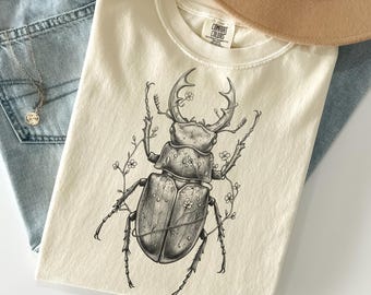 Vintage Beetle Linocut Shirt Comfort Colors®, Retro Stag Beetle Entomology Shirt, Cottagecore Insect Shirt, Nature Bug Shirt, Bug Lover Gift