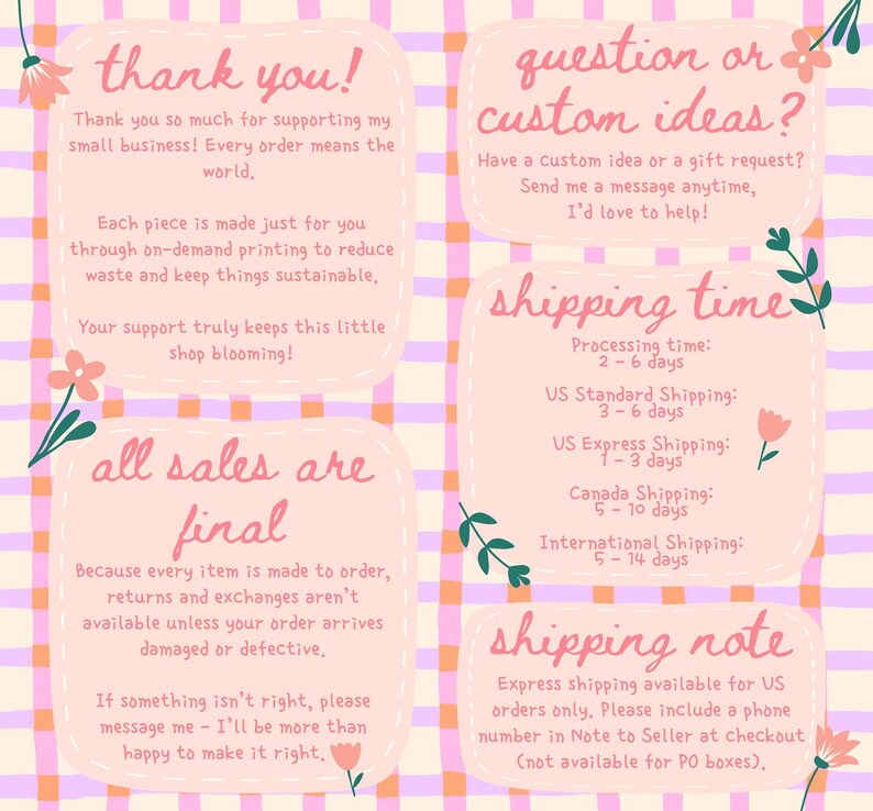 Puede incluir: Un fondo a cuadros rosa y morado con texto escrito a mano. El texto incluye frases como "&iexcl;gracias!", "&iquest;pregunta o ideas personalizadas?", "todas las ventas son finales" y "tiempo de env&iacute;o". Elementos florales decoran el texto.