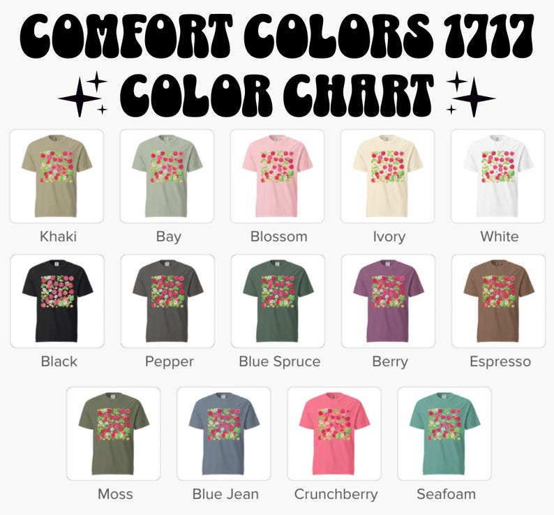 Op de afbeelding: Een kleurenkaart met t-shirts in diverse kleuren, waaronder Khaki, Bay, Blossom, Ivory en White. Elk shirt heeft een bloemenontwerp. De tekst "COMFORT COLORS 1717 COLOR CHART" staat bovenaan.