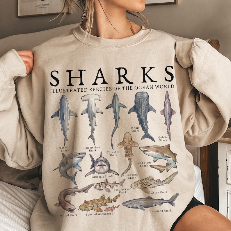 K&ouml;nnte beinhalten: Ein beigefarbenes Sweatshirt mit Rundhalsausschnitt und einem schwarzen Grafikdruck mit der Aufschrift SHARKS ILLUSTRATED SPECIES OF THE OCEAN WORLD. Das Design zeigt verschiedene Haiarten wie den Wei&szlig;en Hai, Hammerhai und Walhai.