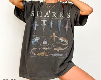 Camiseta de tiburón Comfort Colors®, camiseta vintage de especies de tiburones, camiseta gráfica de biología marina, camiseta retro de animales marinos, camiseta de peces, regalo para amantes de los tiburones