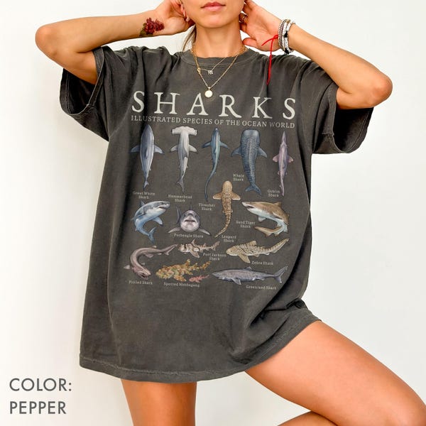 Camiseta Tubarão Comfort Colors®, Camiseta Vintage com Estampa de Espécies de Tubarão, Camiseta com Estampa de Biologia Marinha, Camiseta Retrô com Animais do Oceano, Camiseta de Peixe, Presente para Amantes de Tubarões