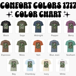 K&ouml;nnte beinhalten: Eine Farbkarte zeigt verschiedene Comfort Colors 1717 T-Shirts. Jedes Shirt hat eine Grafik eines Skeletts mit Pflanzenelementen. Farben sind Schwarz, Salbei, Mitternacht, Pfeffer, Beere, Espresso, Moos, Yam, Blue Jean, Meerschaum, Bay, Chambray, Ivory und Wei&szlig;.