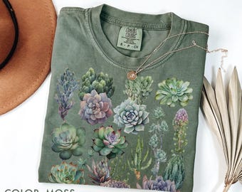 Camiseta retro botánica con suculentas Comfort Colors®, camiseta estilo cottagecore, regalo para amantes de las plantas, camiseta con estampado de cactus, estética vintage de la naturaleza, camiseta con estampado de cactus