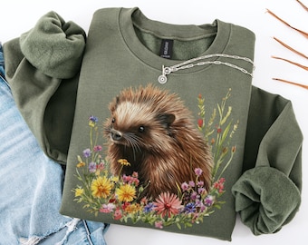 Porcupine Wildflowers Sweatshirt, Hedgehog Sweater, Woodland Animal Crewneck, Cottagecore Forest Sweater, Nature Lover Gift, Wildlife Shirt