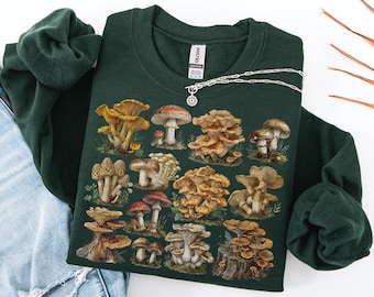 Sudadera vintage con estampado de setas, estilo retro botánico con hongos, sudadera de inspiración campestre y de recolección, sudadera con estética forestal, regalo para amantes de las plantas