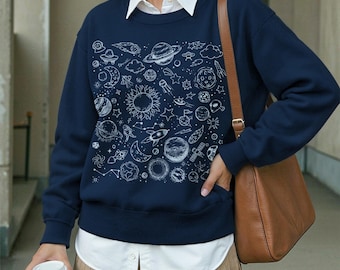 Sudadera con dibujo del espacio celestial, camiseta de cuello redondo con planetas y estrellas de la galaxia, camiseta de astronomía, suéter cósmico, camiseta del sistema solar, regalo para amantes del espacio