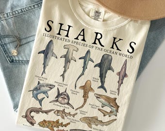 Camiseta de tiburón Comfort Colors®, camiseta vintage de especies de tiburones, camiseta de vida marina, camiseta de animales del océano, camiseta de peces, regalo para amantes de los tiburones, regalo para amantes del acuario