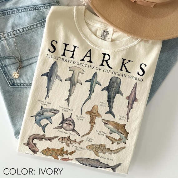 Shark Shirt Comfort Colors®, Vintage Shark Species Shirt, Marine Life Shirt, Ocean Animal Shirt, Fish Shirt, Shark Lover Gift, Aquarium Gift