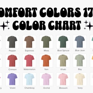 K&ouml;nnte beinhalten: Eine Farbkarte f&uuml;r Comfort Colors 1717 T-Shirts. Die Karte zeigt eine Vielzahl von Farben, darunter Schwarz, Pfeffer, Espresso, Moos, Blau-Fichte, Blue Jean, Meerschaum, Beere, Karmesinrot, Wassermelone, Yam, Khaki, Bay, Senf, Crunchberry, Violett, Chambray, Orchidee, Bl&uuml;te, Elfenbein und Wei&szlig;.