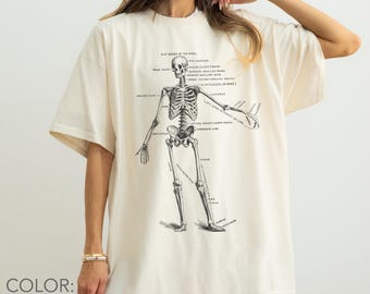 Könnte beinhalten: Elfenbeinfarbenes übergroßes T-Shirt mit einer detaillierten anatomischen Illustration eines menschlichen Skeletts. Die Grafik enthält beschriftete Knochenstrukturen. Das Shirt hat kurze Ärmel und eine lockere Passform, ideal für Freizeitkleidung.