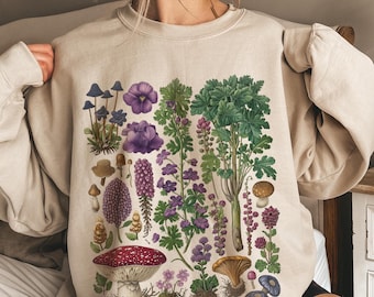 Herbal Plants Sweatshirt, Botanical Herbs & Wildflower Sweater, Cottagecore Forager Crewneck, Herbalism Nature Sweatshirt, Plant Lover Gift