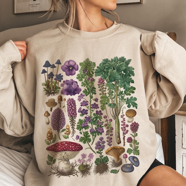 Herbal Plants Sweatshirt, Botanical Herbs & Wildflower Sweater, Cottagecore Forager Crewneck, Herbalism Nature Sweatshirt, Plant Lover Gift