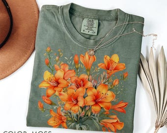 Orange Lily Flower Shirt Comfort Colors, Vintage Tiger Lily Shirt