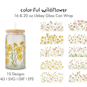 Wildflower Libbey Glass Can Wrap Colorful PNG Bundle | 16 and 20 oz | Cricut & Silhouette Compatible ,Instant Download, Full Glass  Can Wrap