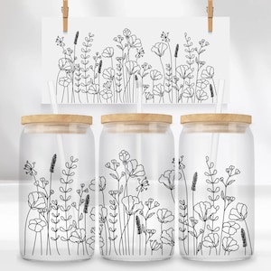 Wildflower Libbey glass can wrap PNG SVG DXF EPS bundle for 16 oz and 20 oz tumbler sublimation, hand-drawn flower line art, wild flower wrap template, floral tumbler design, aesthetic black and white glass can design, boho botanical can wrap, commercial use, instant download, summer flower can glass design, minimalist wildflower tumbler art, floral SVG for Cricut and Silhouette, transparent background PNG for craft projects, digital flower wrap for iced coffee cup. libby jar sublimation