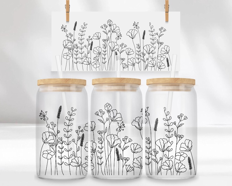 Wildflower Libbey glass can wrap PNG SVG DXF EPS bundle for 16 oz and 20 oz tumbler sublimation, hand-drawn flower line art, wild flower wrap template, floral tumbler design, aesthetic black and white glass can design, boho botanical can wrap, commercial use, instant download, summer flower can glass design, minimalist wildflower tumbler art, floral SVG for Cricut and Silhouette, transparent background PNG for craft projects, digital flower wrap for iced coffee cup. libby jar sublimation
