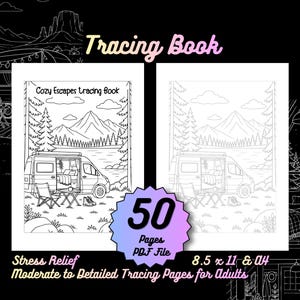 Könnte beinhalten: Ein digitales Pausbuch mit dem Titel Cozy Escapes, das 50 Seiten in einer PDF-Datei enthält. Das Cover und die Innenseiten zeigen schwarz-weiße Strichzeichnungen eines Wohnmobils an einem See mit Bergen, Bäumen und Möbeln. Format 21,59 x 27,94 cm.