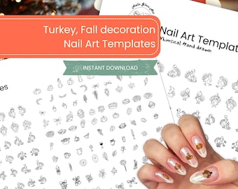 May include: Nail art templates featuring fall and turkey-themed designs. The templates include whimsical, hand-drawn illustrations of pumpkins, leaves, turkeys, and other seasonal elements. The image also shows a hand with nail art using the templates.