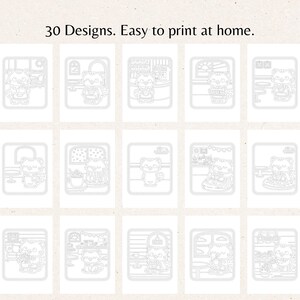 Overview image showing multiple small preview thumbnails of different coloring pages included in the bundle. Each design features a cute cat inside various cozy café scenes such as coffee counters, window seats, bookshelves, and pastry displays. This grid highlights the variety of café-themed illustrations included in the 30-page monochrome cat coloring book.